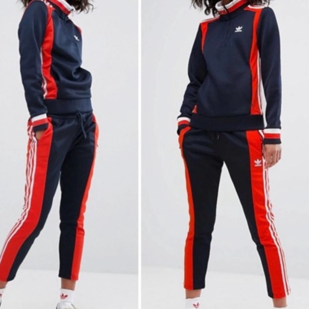 adidas Originals Dark Blue and Bright Red jacket and Jogger set.